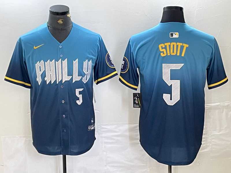 Mens Philadelphia Phillies #5 Bryson Stott Blue 2024 City Player Number Cool Base Stitched Jersey